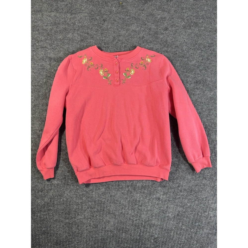 Vintage Cottagecore Pink Floral Embroidered Pullover Sweater Crew Neck L Women